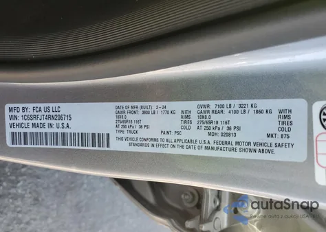 2024 Ram 1500 Laramie from USA, damaged, VIN 1C6SRFJT4RN206715